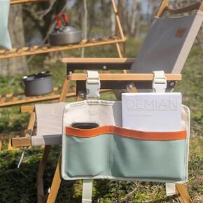 Green Camping Armrest Storage Bag, Lawn Chair Bag with Two Leather Pockets, Extended Back Buckle Canvas Beach Chair Storage Bag, Side Hanging Bag for Beach Chair/Fold up Chair