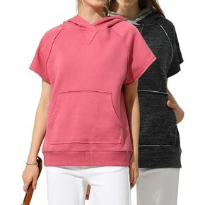 DOUBLJU 2 Pack Casual Oversized Short Sleeve Hoodies Sweatshirts with Pocket Basic Hooded Loose Tops Workout Sets for Women