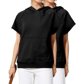 DOUBLJU 2 Pack Casual Oversized Short Sleeve Hoodies Sweatshirts with Pocket Basic Hooded Loose Tops Workout Sets for Women