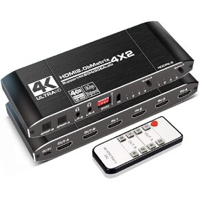 HDMI Matrix Switch 4x2 4K 60Hz, SPDIF and L/R Audio Output, HDMI 2.0b Switcher Splitter 4 in 2 Out, with EDID, Audio Extractor, IR Remote, Supports 3D, 1080P, HDR, UHD, 18.5Gbps, HDCP2.2
