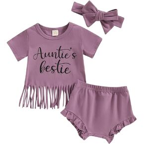 Toddler Baby Girl Boy Clothes Aunties Bestie Solid Color Summer Infant Outfits Short Sleeve T-Shirt Shorts Set