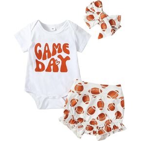 Newborn Baby Girl 3Pcs Football Outfits Game Day Print Short Sleeve Romper Ruffle Bloomer Shorts Infant Summer Clothes in Saudi Arabia