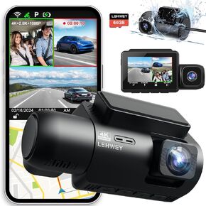Dash Cam Camera For Cars Dashcam - Lehwey 3 Channel 4k 2160P+1440P+1080P Dash Cam Front and Rear Inside, Built in WiFi GPS, With 64GB Card, Night Vision G-Sensor Parking Mode, 170°Angle Loop Recording