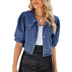 Women's Cute Puff Short Sleeve Denim Crop Top Slim Cropped Jean Jacket