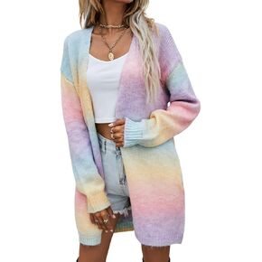 Women's Rainbow Knit Open Front Cardigan Sweater Long Sleeve Tie Dye Long Crochet Kimono Coat Outwear