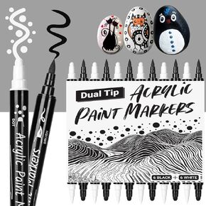 KERIFI Black and White Paint Pens, 12 Dual Tip Acrylic Paint Marker Brush Tip & Round Tip, Black White Acrylic Paint Pen for Rock Painting Stone Wood Plastic Glass Black Paper Ceramic (6Black 6White)
