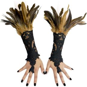قفازات الدانتيل Steampunk للنساء خمر ريشة الكفة الدانتيل طويل الكوع أصابع قفازات لأزياء الحفلات التنكرية