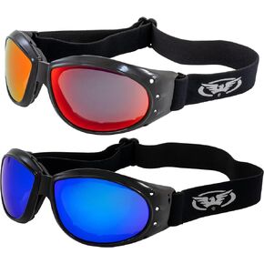 Global Vision 2 Pairs of Eliminator Dirt Bike Padded Riding Goggles Black Frames with Red Mirror & Blue Mirror Lenses