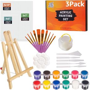 مجموعة طلاء أكريليك من Nian Feng مع حامل خشبي على سطح الطاولة، مجموعة لوازم الرسم الفني مع 12 لونًا من الطلاء، ولوحات قماشية، وفرش، وغسالة فرش الطلاء، ولوحة الألوان، ومكشطة طلاء للأطفال والكبار. in Kuwait