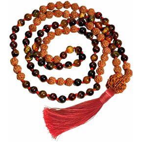 Rudraksha and Tiger Eye double protection healing Necklace. 108+1 Guru bead 7 Chakra Himalayan 8 mm prayer bead. Necklace for Luck, Positive Energy and Meditation.