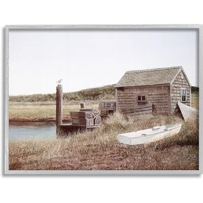 Stupell Industries Rural Seaside Cabin Seagull Perched Canoe Boat Framed Wall Art, Design By Tom Mielko