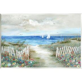 Stupell Industries Tranquil Beachside Flower Meadow Ocean Sailboats Scene Wood Wall Art, Design By Nan