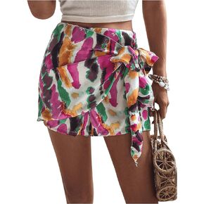 Milumia Women's Brush Print Knot Side Shorts High Waisted Wrap Skorts Boho Shorts