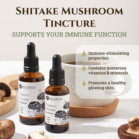 Ecodrop Organic Shiitake Mushroom (Lentinula Edodes) - Double Extract Liquid Tincture, 50ml - EU & Soil Association - Organic Certified - Manufactured in Finland in Saudi Arabia