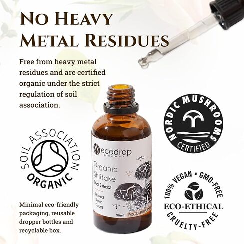Ecodrop Organic Shiitake Mushroom (Lentinula Edodes) - Double Extract Liquid Tincture, 50ml - EU & Soil Association - Organic Certified - Manufactured in Finland in Saudi Arabia