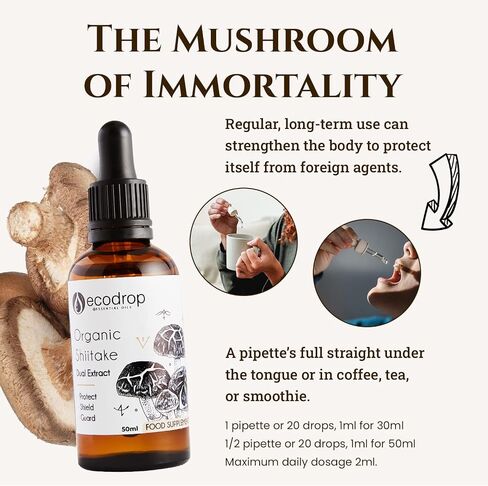 Ecodrop Organic Shiitake Mushroom (Lentinula Edodes) - Double Extract Liquid Tincture, 50ml - EU & Soil Association - Organic Certified - Manufactured in Finland in Saudi Arabia