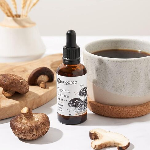 Ecodrop Organic Shiitake Mushroom (Lentinula Edodes) - Double Extract Liquid Tincture, 50ml - EU & Soil Association - Organic Certified - Manufactured in Finland in Saudi Arabia