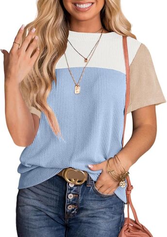 BLENCOT Women Tops Color Block Crewneck Casual Oversized Tshirts Knit Summer Tees Blouse S-2XL in Saudi Arabia