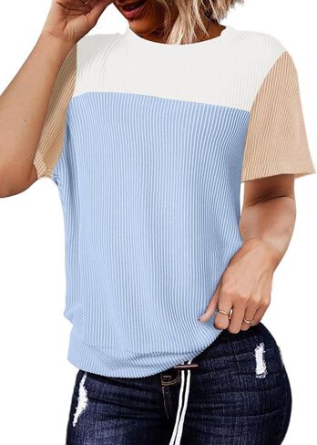 BLENCOT Women Tops Color Block Crewneck Casual Oversized Tshirts Knit Summer Tees Blouse S-2XL in Saudi Arabia