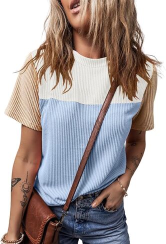 BLENCOT Women Tops Color Block Crewneck Casual Oversized Tshirts Knit Summer Tees Blouse S-2XL in Saudi Arabia