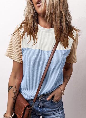 BLENCOT Women Tops Color Block Crewneck Casual Oversized Tshirts Knit Summer Tees Blouse S-2XL in Saudi Arabia
