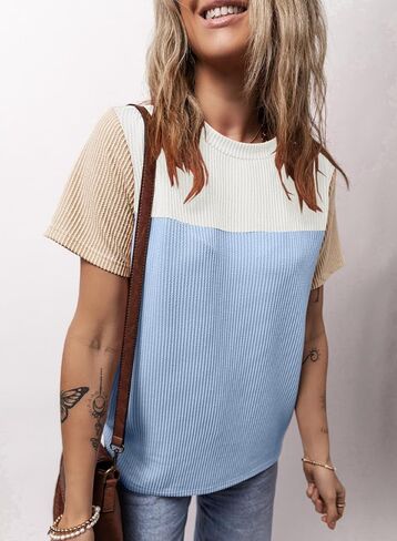 BLENCOT Women Tops Color Block Crewneck Casual Oversized Tshirts Knit Summer Tees Blouse S-2XL in Saudi Arabia
