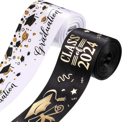 WILLBOND 2 Rolls Class of 2024 Graduation Craft Ribbons 1.98 Inch Congrats Grad Black Gold Satin Ribbon for Graduation Party Favors Ribbon with Cap Certificate for Wrapping Gifts Headband Bow, 5 Yards in Saudi Arabia