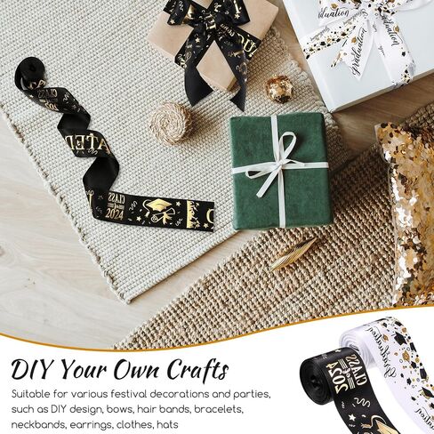 WILLBOND 2 Rolls Class of 2024 Graduation Craft Ribbons 1.98 Inch Congrats Grad Black Gold Satin Ribbon for Graduation Party Favors Ribbon with Cap Certificate for Wrapping Gifts Headband Bow, 5 Yards in Saudi Arabia