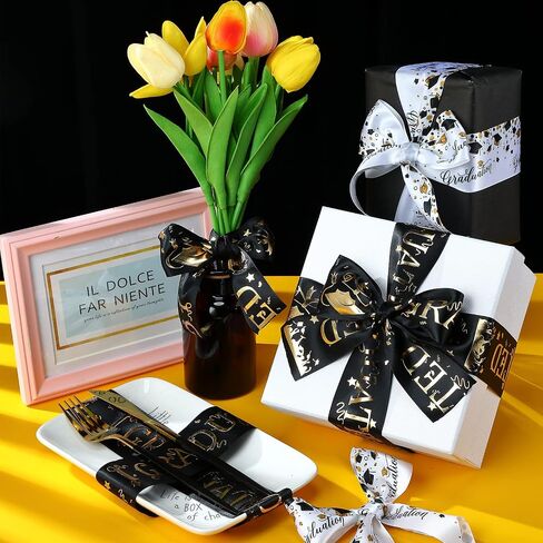 WILLBOND 2 Rolls Class of 2024 Graduation Craft Ribbons 1.98 Inch Congrats Grad Black Gold Satin Ribbon for Graduation Party Favors Ribbon with Cap Certificate for Wrapping Gifts Headband Bow, 5 Yards in Saudi Arabia