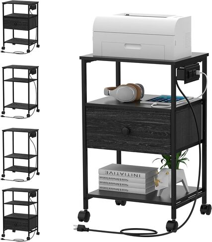 حامل طابعة VEDECASA ذو 3 طبقات مع محطة شحن، ومنفذ USB، وطاولة طابعة مع أدراج قماشية للتخزين، ورف مفتوح قابل للتعديل، للمكتب المنزلي، والنوم، وغرفة المعيشة، بني (أسود) in Kuwait