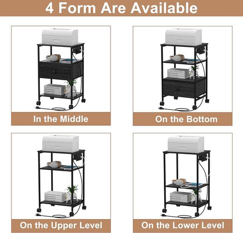 حامل طابعة VEDECASA ذو 3 طبقات مع محطة شحن، ومنفذ USB، وطاولة طابعة مع أدراج قماشية للتخزين، ورف مفتوح قابل للتعديل، للمكتب المنزلي، والنوم، وغرفة المعيشة، بني (أسود) in Kuwait