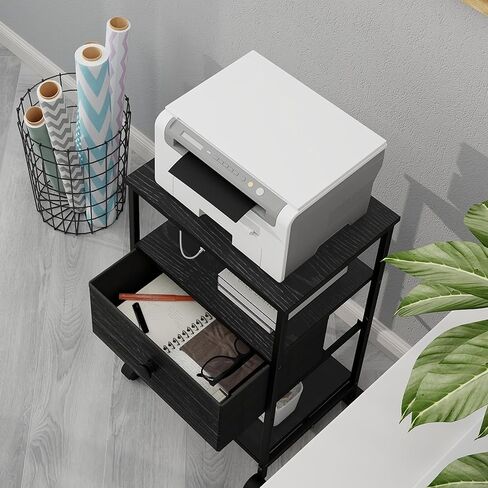 حامل طابعة VEDECASA ذو 3 طبقات مع محطة شحن، ومنفذ USB، وطاولة طابعة مع أدراج قماشية للتخزين، ورف مفتوح قابل للتعديل، للمكتب المنزلي، والنوم، وغرفة المعيشة، بني (أسود) in Kuwait