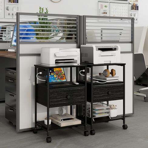 حامل طابعة VEDECASA ذو 3 طبقات مع محطة شحن، ومنفذ USB، وطاولة طابعة مع أدراج قماشية للتخزين، ورف مفتوح قابل للتعديل، للمكتب المنزلي، والنوم، وغرفة المعيشة، بني (أسود) in Kuwait