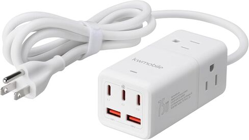 kwmobile Power Strip with USB/USB-C Ports - with 3 Outlets, 2 USB Ports, 3 USB-C Ports - Includes 1 USB-C GaN Charger 75W - Charging Extension Cord - White in Saudi Arabia