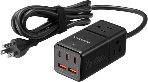kwmobile Power Strip with USB/USB-C Ports - with 3 Outlets, 2 USB Ports, 3 USB-C Ports - Includes 1 USB-C GaN Charger 75W - Charging Extension Cord - White in Saudi Arabia