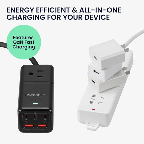 kwmobile Power Strip with USB/USB-C Ports - with 3 Outlets, 2 USB Ports, 3 USB-C Ports - Includes 1 USB-C GaN Charger 75W - Charging Extension Cord - White in Saudi Arabia