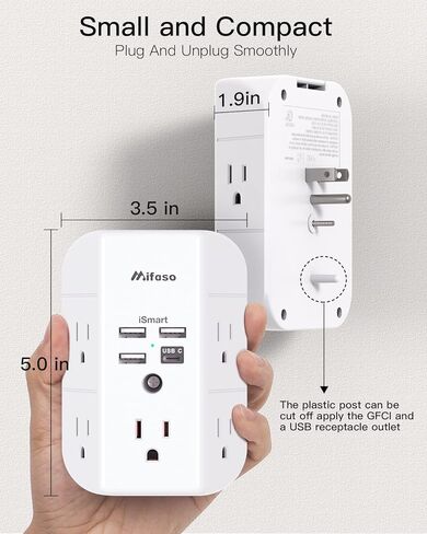 موسع منفذ الحائط مع واقي عرام مقسم المنفذ شاحن حائط USB مع 5 موسع منافذ و3 منافذ USB، 1 USB C، شريط طاقة ثلاثي الجوانب، منافذ توصيل متعددة in Kuwait