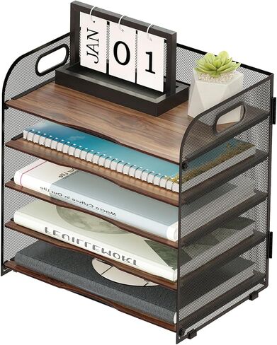 LUCYCAZ Desk Organizers and Accessories, 5 Tier Wood File Organizer, Metal Paper Tray Organizer for Desk, Letter Tray Magazine Holder for Office Home School, Black in Kuwait