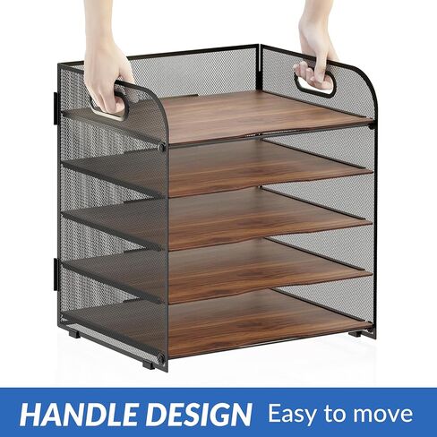 LUCYCAZ Desk Organizers and Accessories, 5 Tier Wood File Organizer, Metal Paper Tray Organizer for Desk, Letter Tray Magazine Holder for Office Home School, Black in Kuwait