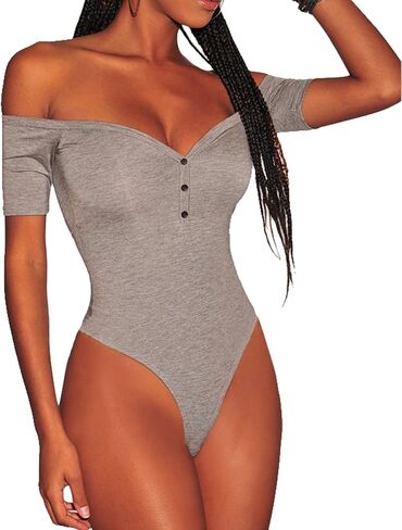ANCAPELION Women’s Off Shoulder Short Sleeve Bodysuit Sexy Stretchy Bodycon Top in Kuwait