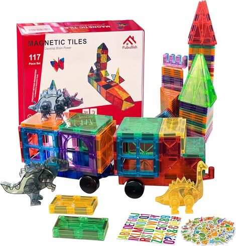 بلاط مغناطيسي، 117 قطعة مكعبات بناء ألعاب مغناطيسية للأطفال، ألعاب مونتيسوري الحسية لمرحلة ما قبل المدرسة مع 3 ديناصورات وسيارتين وحروف ABC و50 ملصق ديناصور in Kuwait