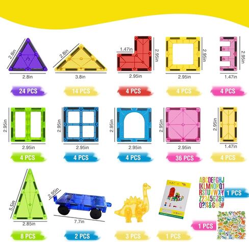 بلاط مغناطيسي، 117 قطعة مكعبات بناء ألعاب مغناطيسية للأطفال، ألعاب مونتيسوري الحسية لمرحلة ما قبل المدرسة مع 3 ديناصورات وسيارتين وحروف ABC و50 ملصق ديناصور in Kuwait