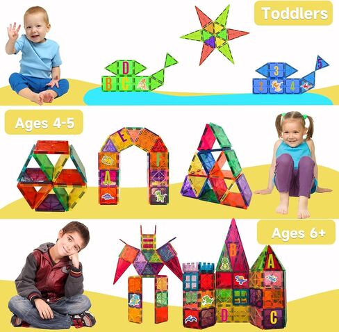بلاط مغناطيسي، 117 قطعة مكعبات بناء ألعاب مغناطيسية للأطفال، ألعاب مونتيسوري الحسية لمرحلة ما قبل المدرسة مع 3 ديناصورات وسيارتين وحروف ABC و50 ملصق ديناصور in Kuwait