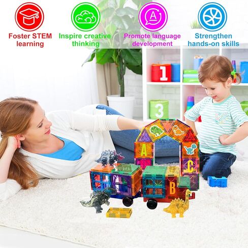 بلاط مغناطيسي، 117 قطعة مكعبات بناء ألعاب مغناطيسية للأطفال، ألعاب مونتيسوري الحسية لمرحلة ما قبل المدرسة مع 3 ديناصورات وسيارتين وحروف ABC و50 ملصق ديناصور in Kuwait