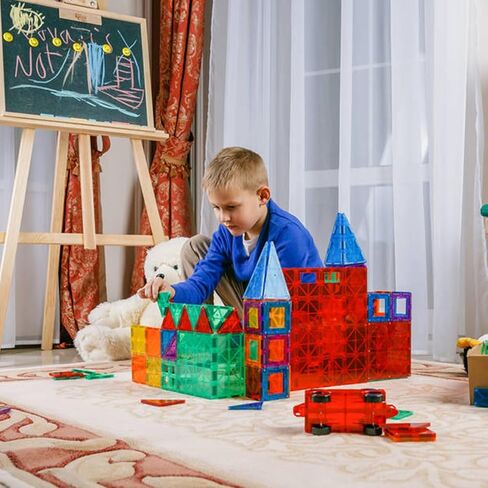 بلاط مغناطيسي، 117 قطعة مكعبات بناء ألعاب مغناطيسية للأطفال، ألعاب مونتيسوري الحسية لمرحلة ما قبل المدرسة مع 3 ديناصورات وسيارتين وحروف ABC و50 ملصق ديناصور in Kuwait