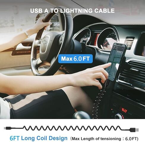 iPhone Charger Cable for Car 6FT, 2 Pack [Apple MFi Certified] Coiled USB to Lightning Cable Compatible for iPhone 14 13 12 11 Pro Max XS XR X 8 7 6 iPad, Black in Kuwait