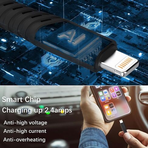 Durcord متوافق مع شاحن iPhone [معتمد من MFi]، 3 عبوات من كابل شحن Lightning إلى USB بطول 6 أقدام، متوافق مع سلك كابل شحن iPhone متوافق مع iPhone 13/12/11 Pro Max Xs X XR 8 7 iPad iPod in Kuwait