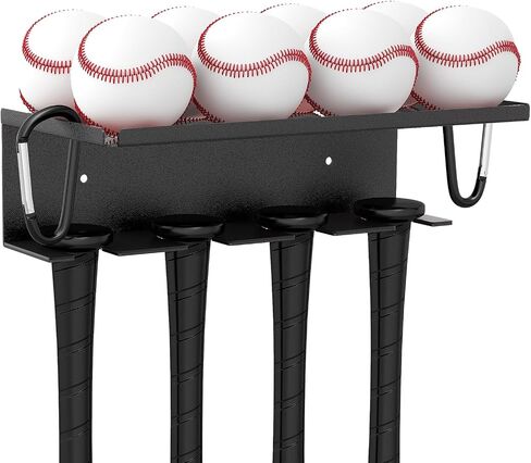 Baseball Bat Holder Wall Mount for Storage 8 Baseballs 4 Bats, SUS304 Metal Softball Bat Rack with Rubber Mat and 2 Snap Ring in Saudi Arabia