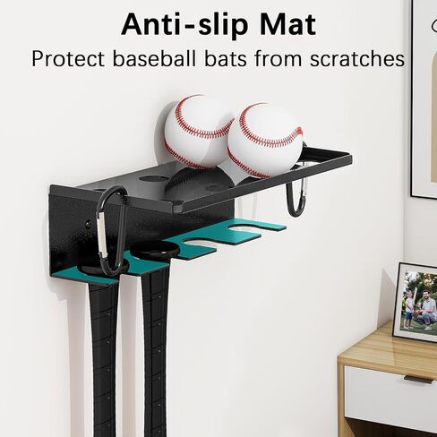 Baseball Bat Holder Wall Mount for Storage 8 Baseballs 4 Bats, SUS304 Metal Softball Bat Rack with Rubber Mat and 2 Snap Ring in Saudi Arabia