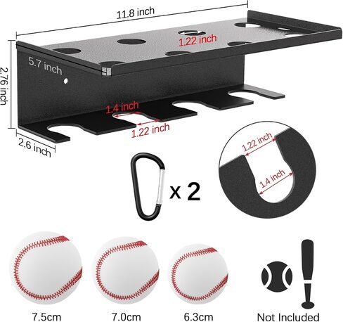 Baseball Bat Holder Wall Mount for Storage 8 Baseballs 4 Bats, SUS304 Metal Softball Bat Rack with Rubber Mat and 2 Snap Ring in Saudi Arabia